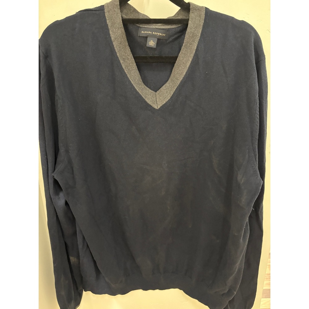 Banana Republic Mens XL Navy Blue Silk Cotton Cashmere V-Neck Sweater Grey Trim